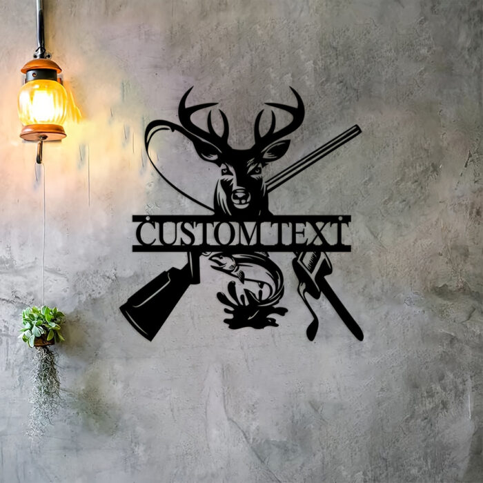 Vintage Deer & Fish Hook Metal Sign - Image 3