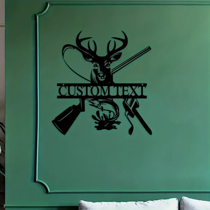 Vintage Deer & Fish Hook Metal Sign - Image 1