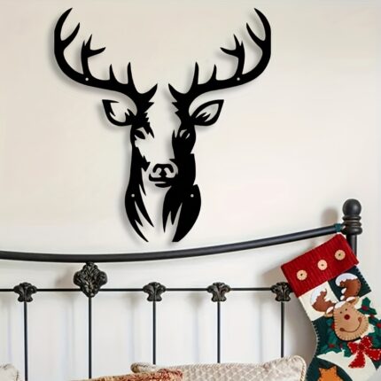 Rustic Iron Deer Head Silhouette Wall Art Black Metal sign for Christmas Decor